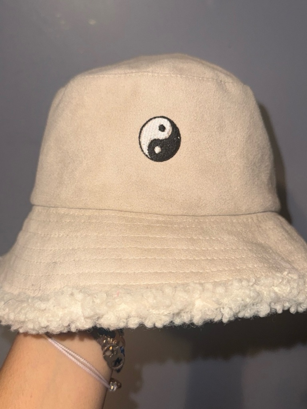 Forever 21 Beige Yin Yang Sherpa-Trim Bucket Hat